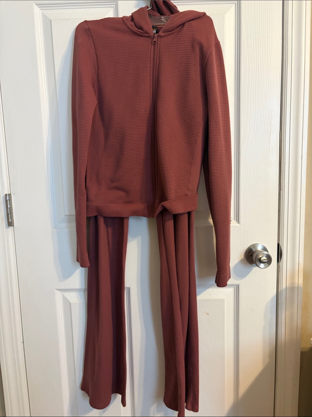 Avia Waffle-Knit Hooded Lounge Set in Rust